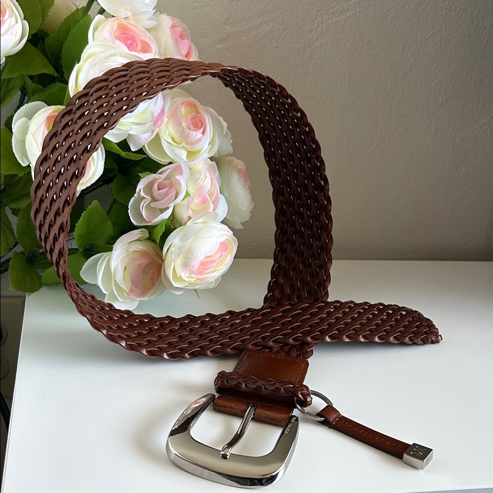 Michael Kors Chocolate Braided Belt with Polished Silver Buckle